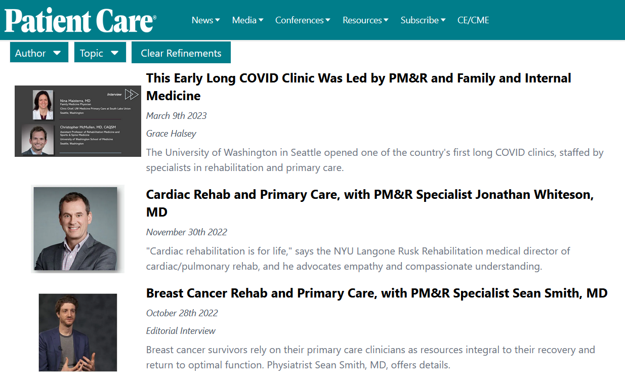 Patient Care Online Articles featuring PM&R regarding Long COVID, Cardiac Rehab, and Breast Cancer Rehab